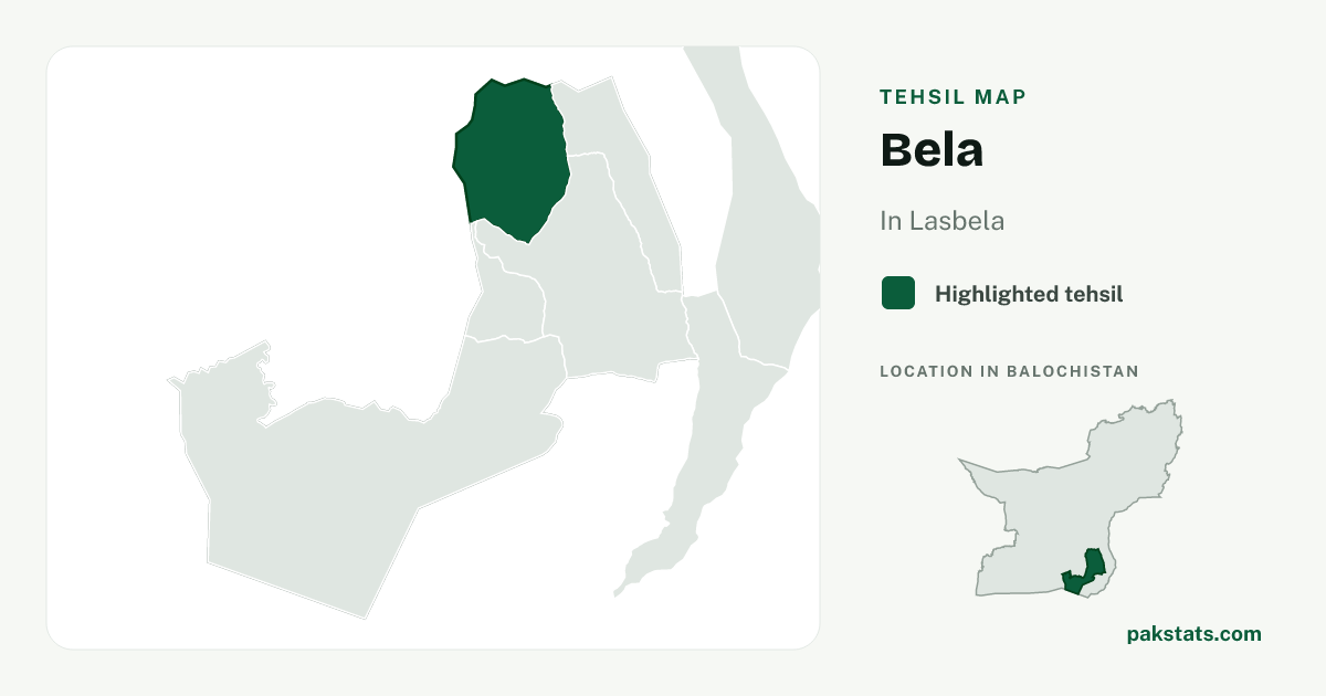 Locator map of Bela highlighted within Lasbela.