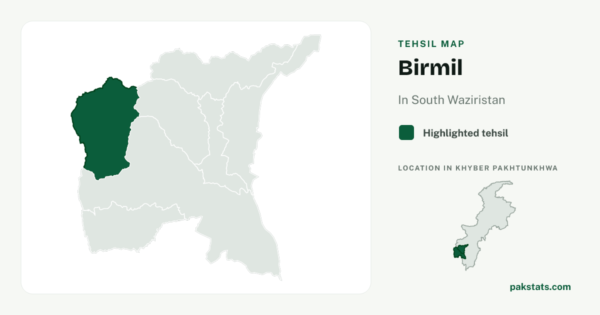 Locator map of Birmil highlighted within South Waziristan.
