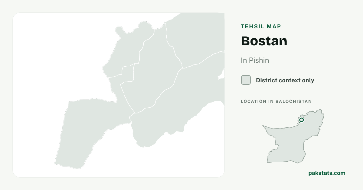District context map for Bostan; no unambiguous current boundary matches the 2023 census tehsil.