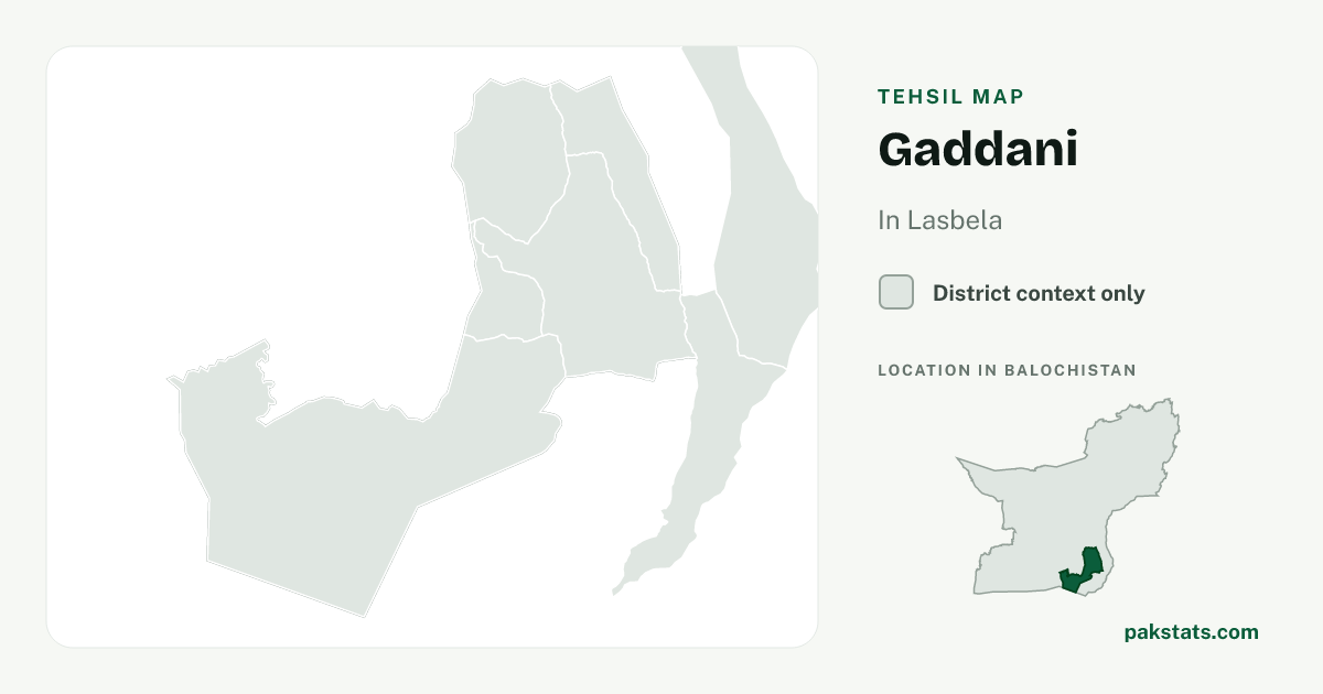 District context map for Gaddani; no unambiguous current boundary matches the 2023 census tehsil.