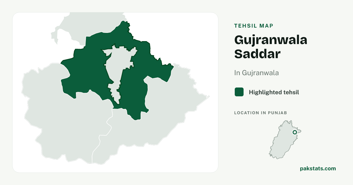 Locator map of Gujranwala Saddar highlighted within Gujranwala.