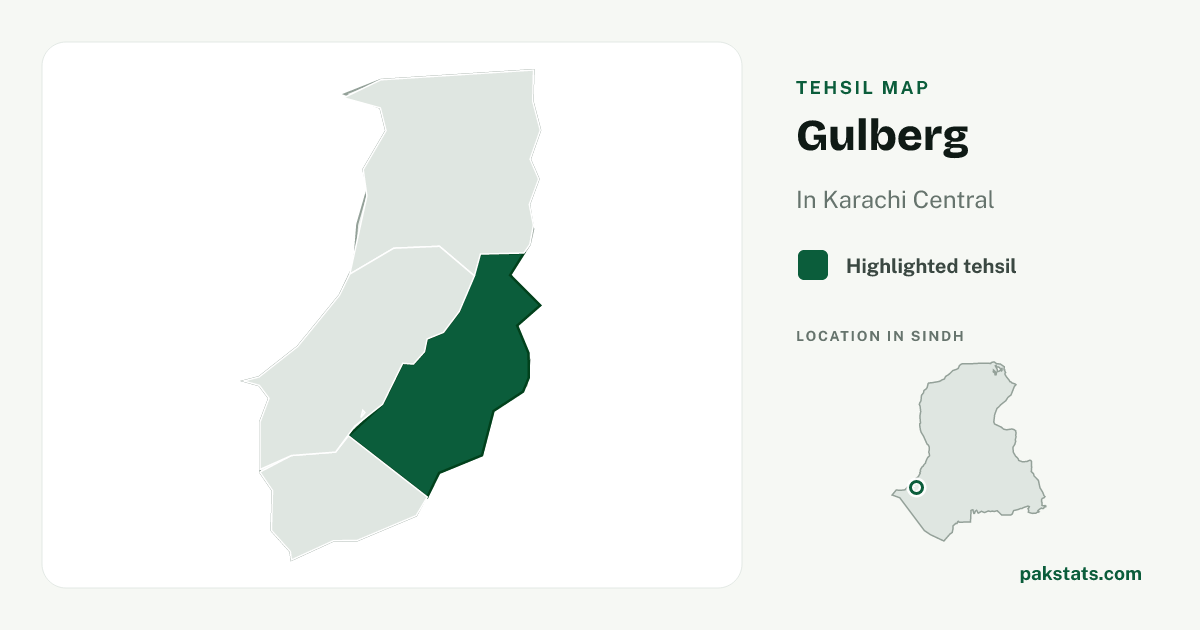 Locator map of Gulberg highlighted within Karachi Central.