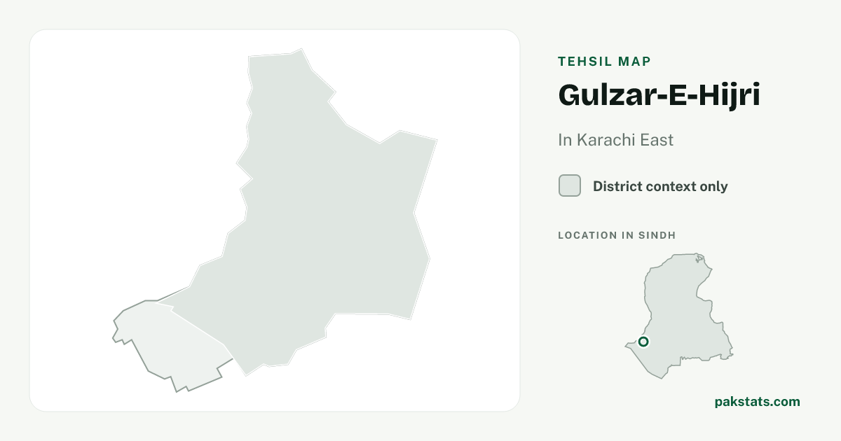 District context map for Gulzar-E-Hijri; no unambiguous current boundary matches the 2023 census tehsil.
