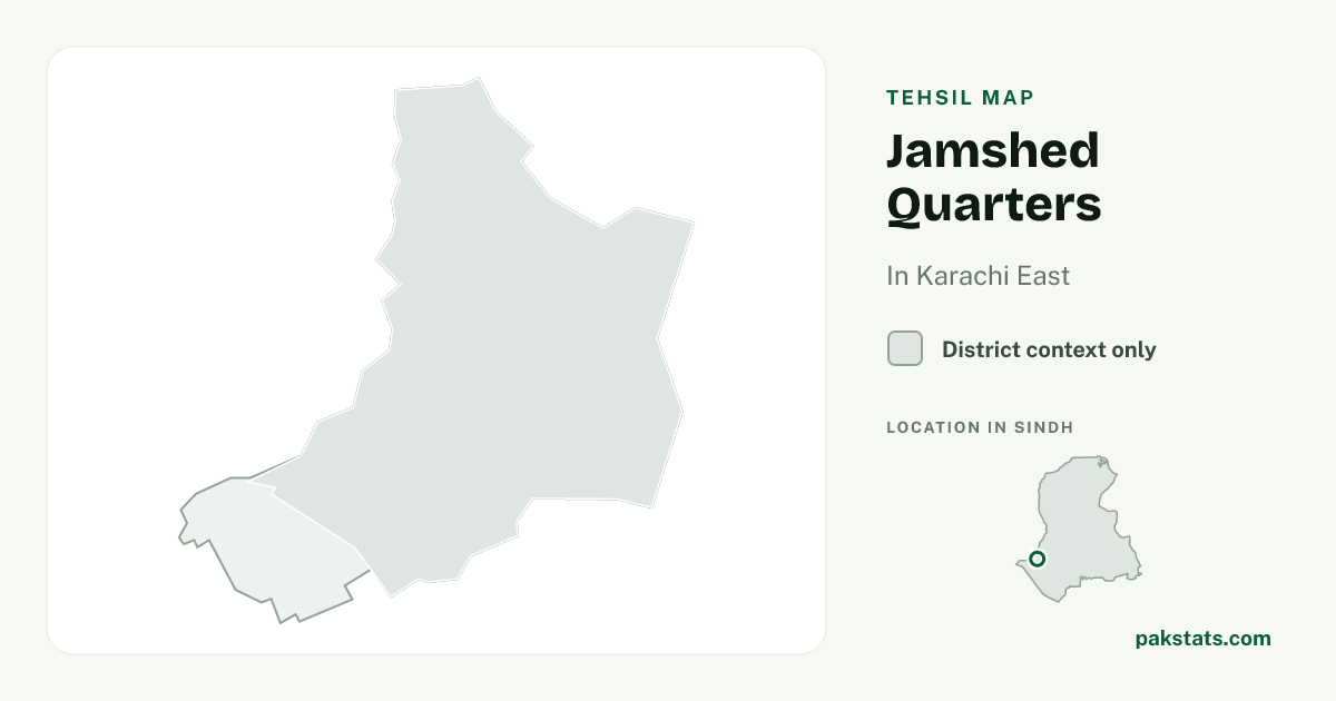 District context map for Jamshed Quarters; no unambiguous current boundary matches the 2023 census tehsil.