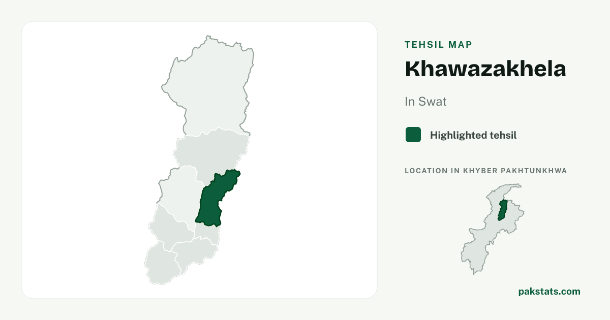 Locator map of Khawazakhela highlighted within Swat.