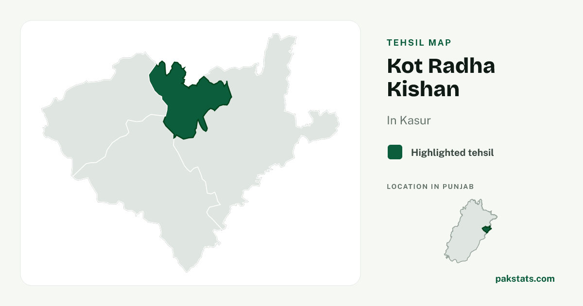Locator map of Kot Radha Kishan highlighted within Kasur.