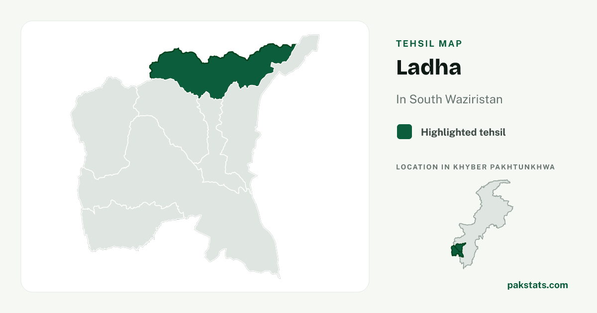 Locator map of Ladha highlighted within South Waziristan.