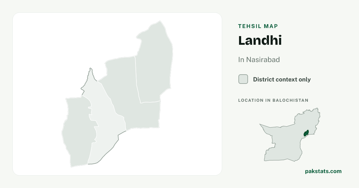 District context map for Landhi; no unambiguous current boundary matches the 2023 census tehsil.