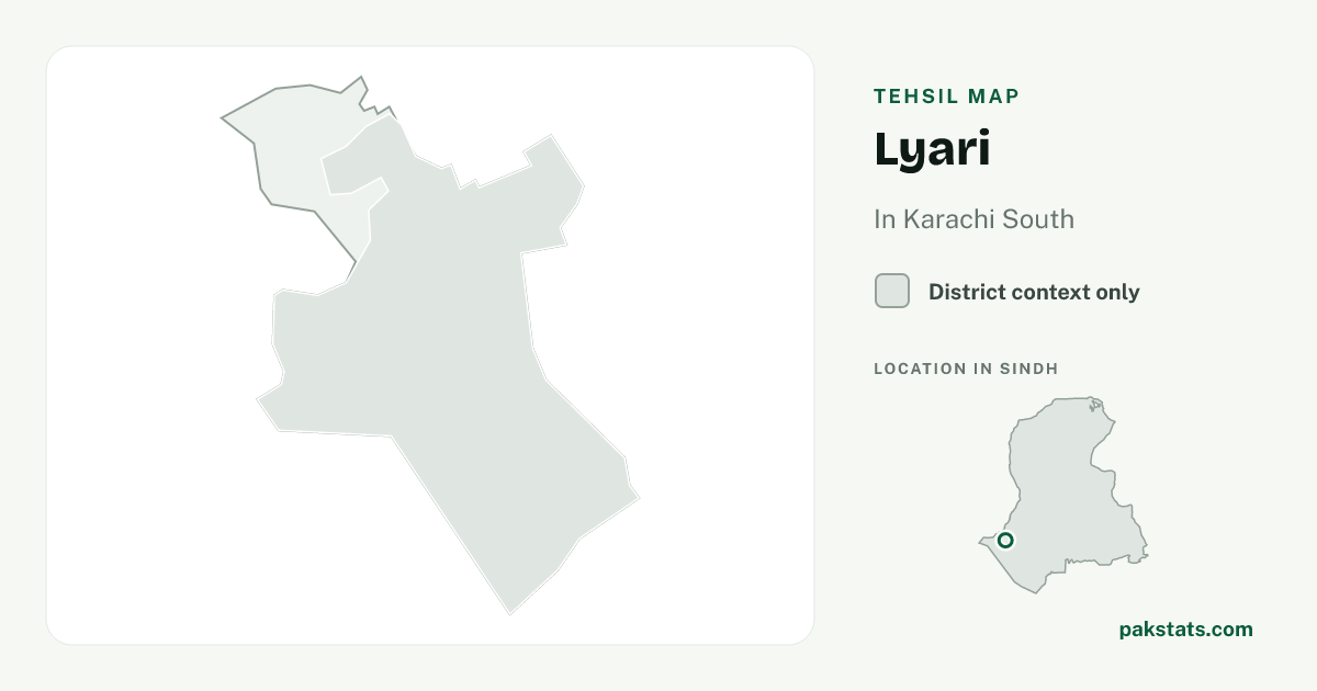 District context map for Lyari; no unambiguous current boundary matches the 2023 census tehsil.