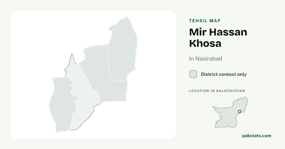 District context map for Mir Hassan Khosa; no unambiguous current boundary matches the 2023 census tehsil.