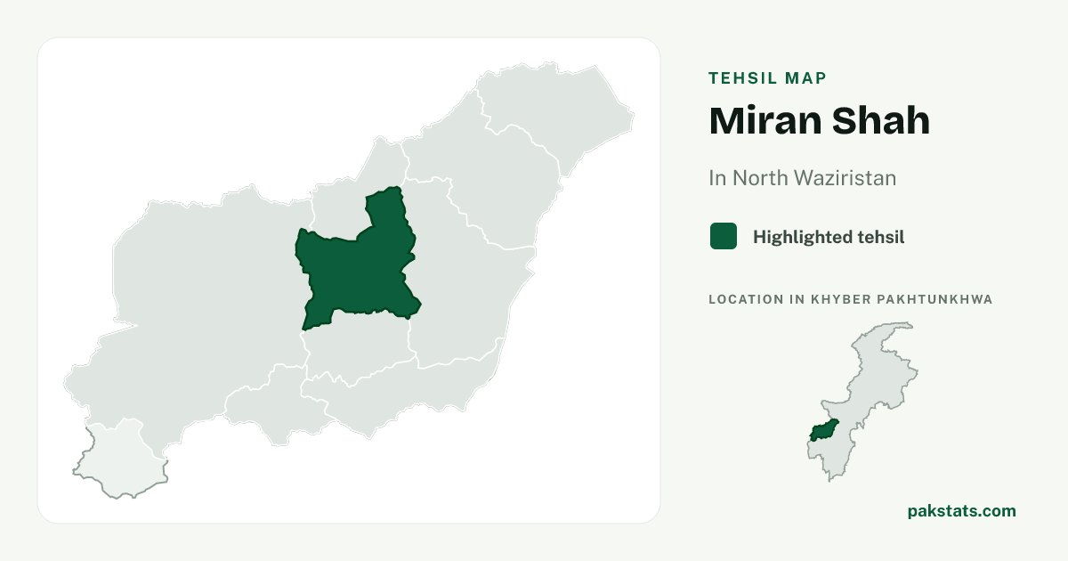 Locator map of Miran Shah highlighted within North Waziristan.