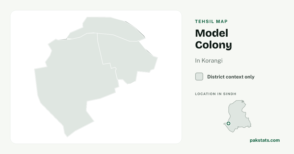 District context map for Model Colony; no unambiguous current boundary matches the 2023 census tehsil.