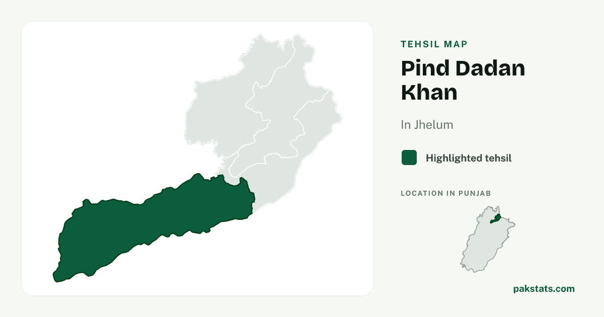 Locator map of Pind Dadan Khan highlighted within Jhelum.