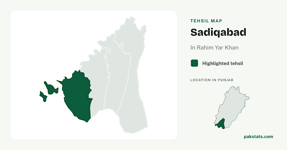 Locator map of Sadiqabad highlighted within Rahim Yar Khan.