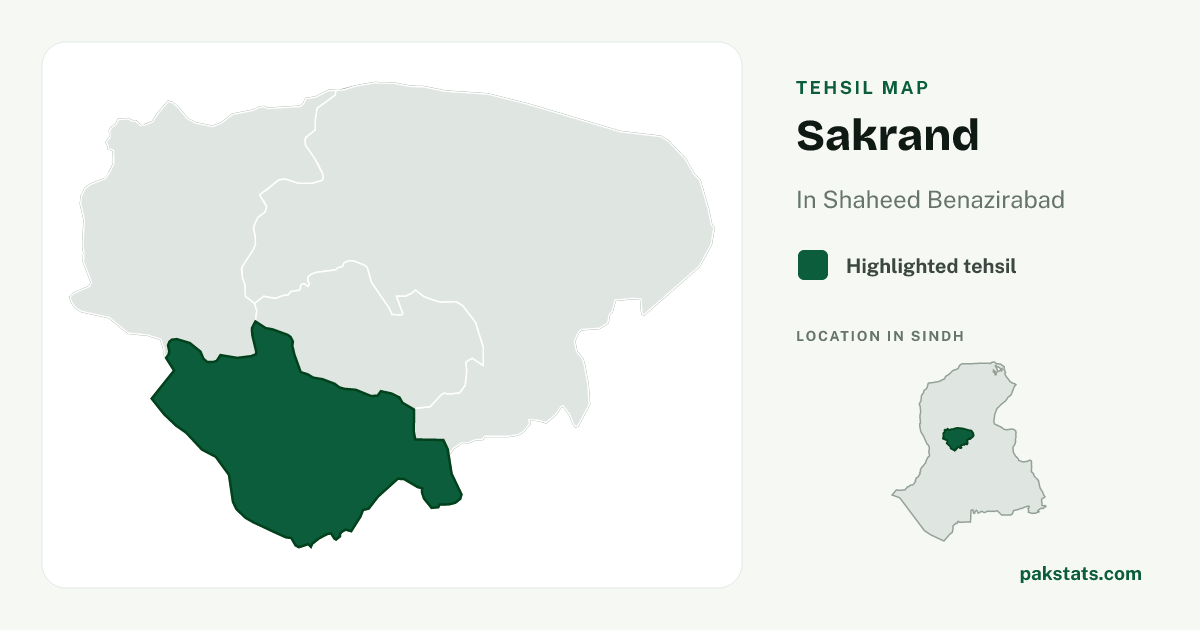 Locator map of Sakrand highlighted within Shaheed Benazirabad.