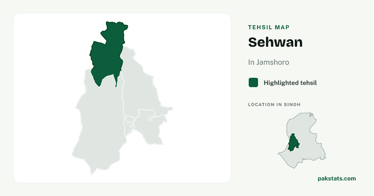 Locator map of Sehwan highlighted within Jamshoro.