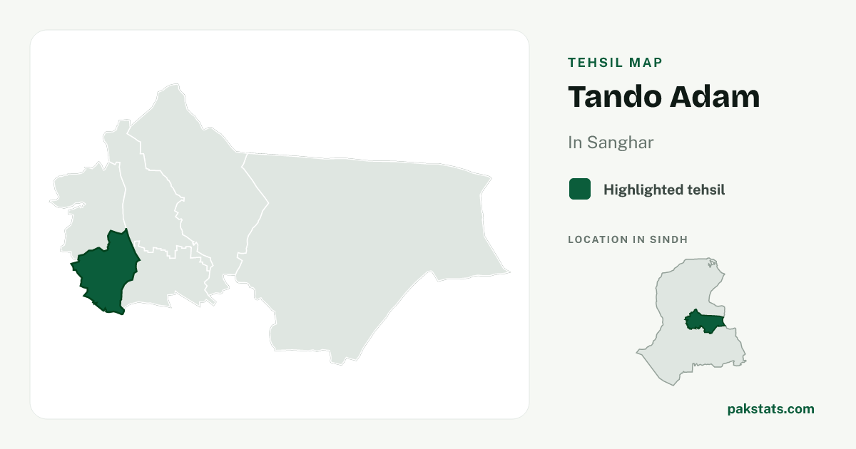 Locator map of Tando Adam highlighted within Sanghar.
