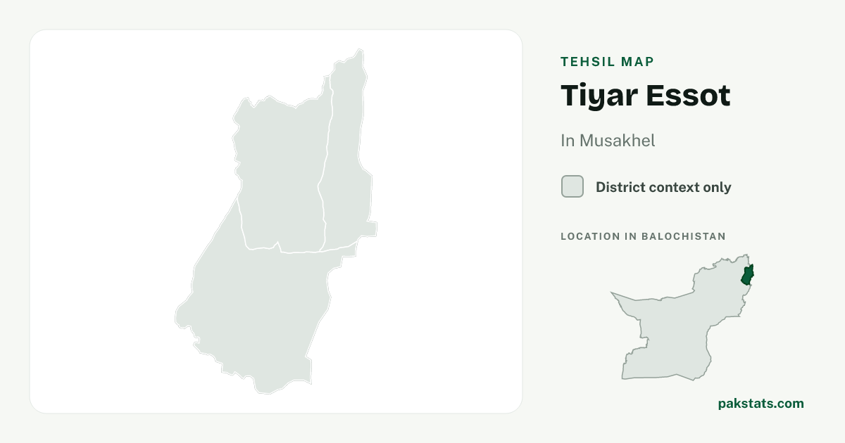 District context map for Tiyar Essot; no unambiguous current boundary matches the 2023 census tehsil.