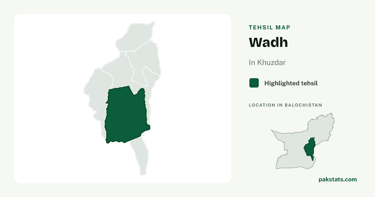 Locator map of Wadh highlighted within Khuzdar.