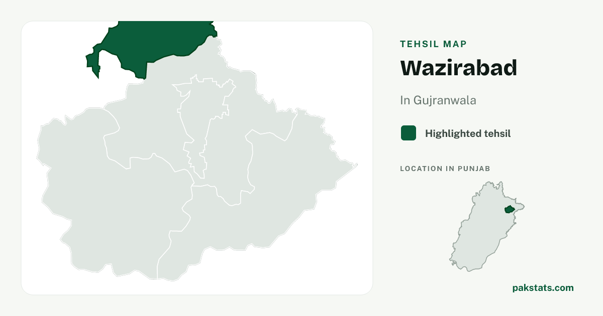Locator map of Wazirabad highlighted within Gujranwala.