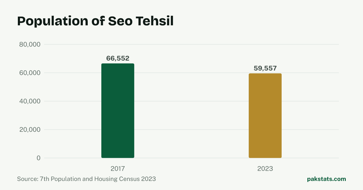Bar chart of the population of Seo Tehsil at the 2017 and 2023 censuses. It fell from 66,552 to 59,557.