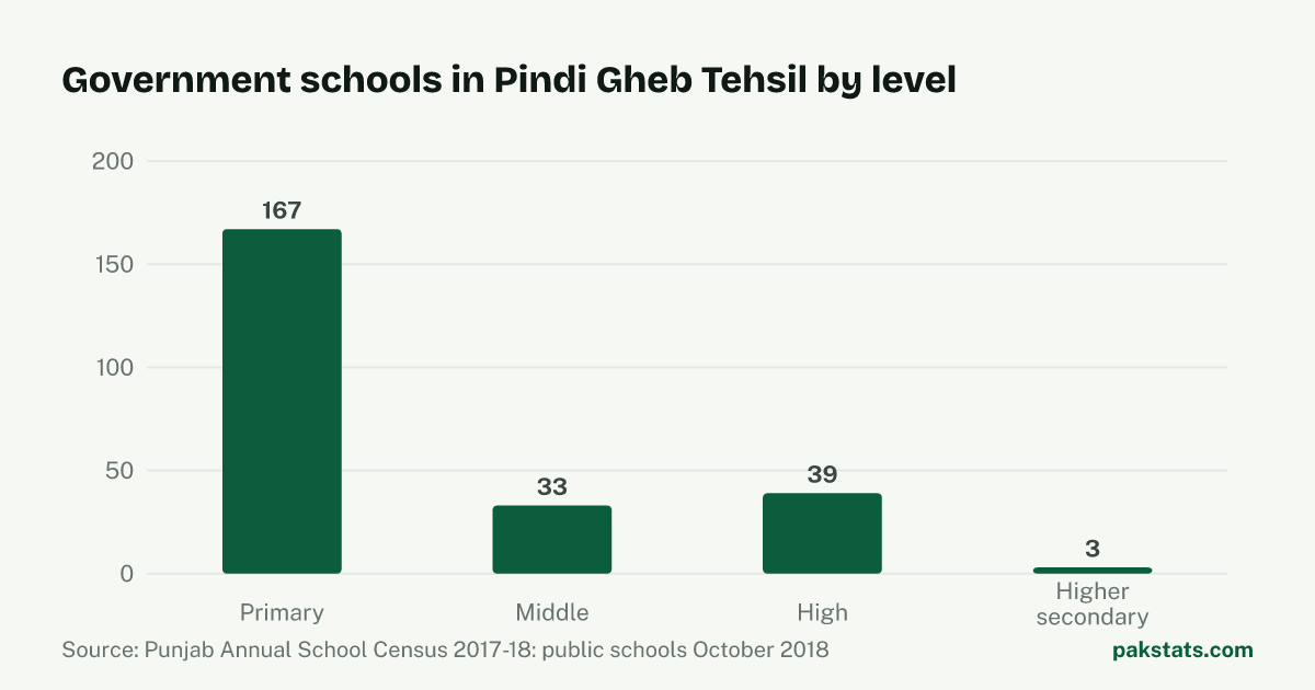 Bar chart of government schools in Pindi Gheb Tehsil by level. Primary schools are the largest group at 167.