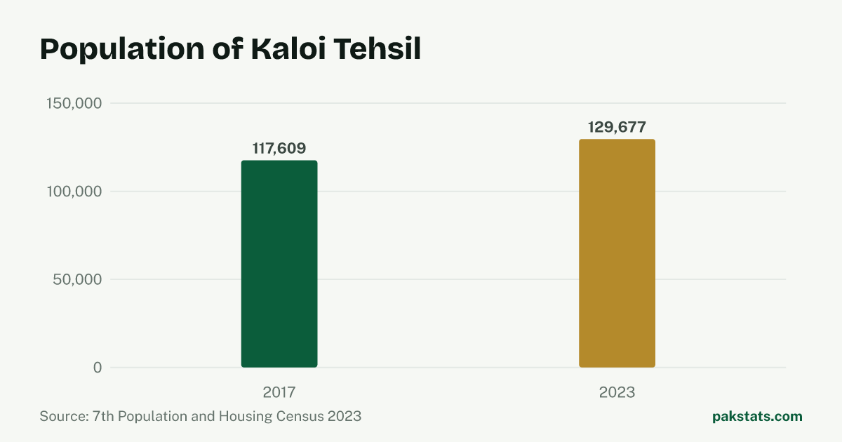 Bar chart of the population of Kaloi Tehsil at the 2017 and 2023 censuses. It rose from 117,609 to 129,677.