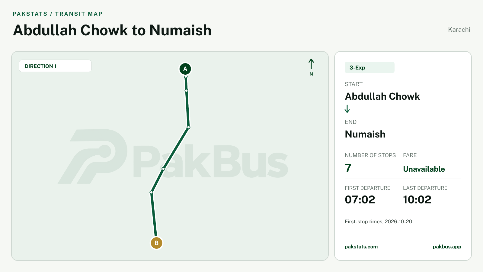 Map of Karachi Breeze route 3-Exp from Abdullah Chowk to Numaish.