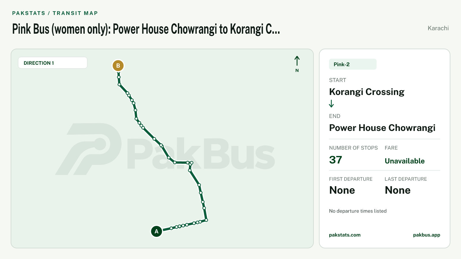 Map of Karachi Peoples Bus Service route Pink-2 from Korangi Crossing to Power House Chowrangi.