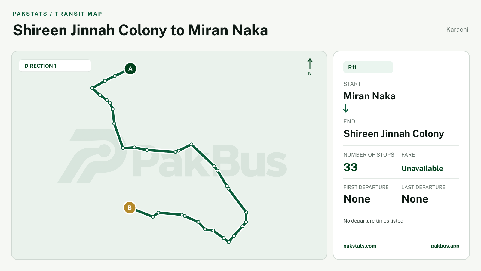 Map of Karachi Peoples Bus Service route R11 from Miran Naka to Shireen Jinnah Colony.