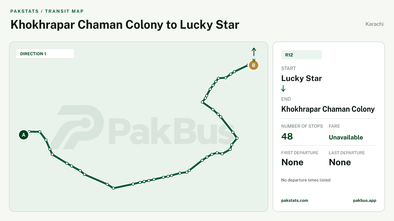 Map of Karachi Peoples Bus Service route R12 from Lucky Star to Khokhrapar Chaman Colony.