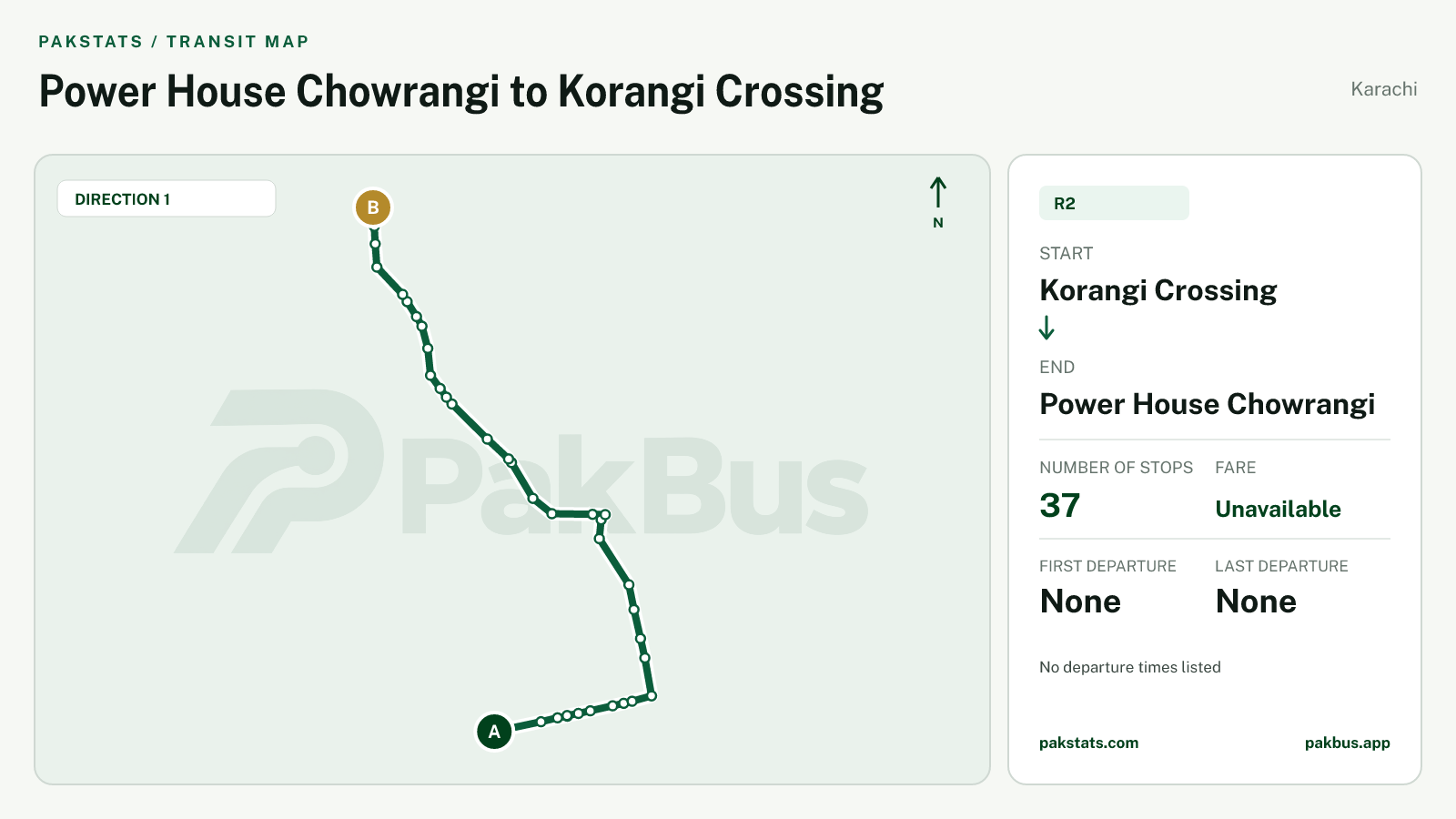 Map of Karachi Peoples Bus Service route R2 from Korangi Crossing to Power House Chowrangi.