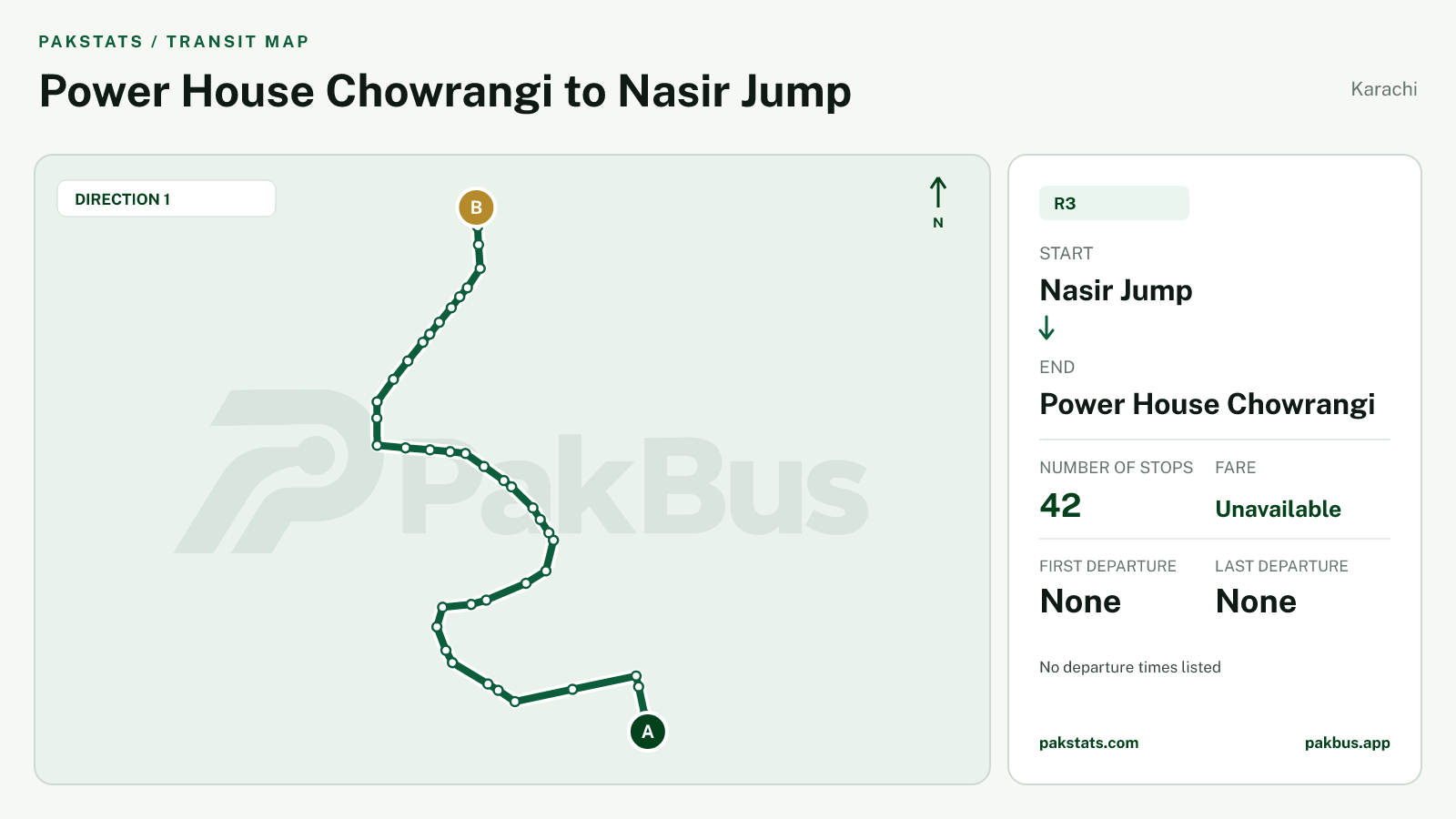 Map of Karachi Peoples Bus Service route R3 from Nasir Jump to Power House Chowrangi.