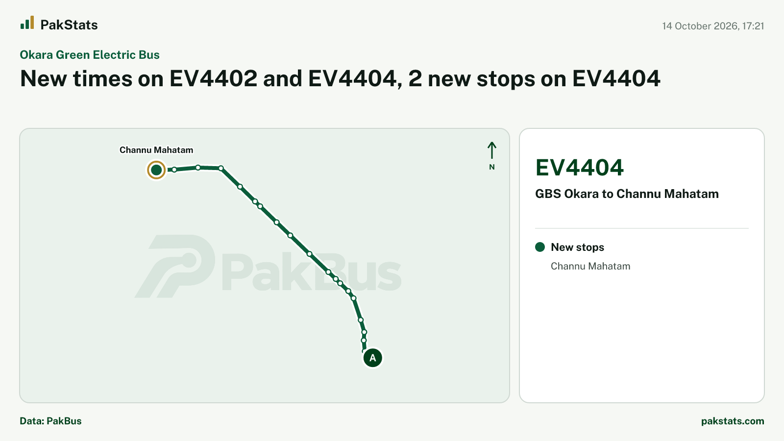 Okara Green Electric Bus update: new times on EV4402 and EV4404, 2 new stops on EV4404