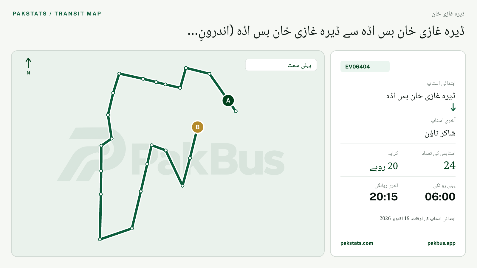 ڈیرہ غازی خان گرین الیکٹرک بس EV06404 کا نقشہ: ڈیرہ غازی خان بس اڈہ سے شاکر ٹاؤن تک