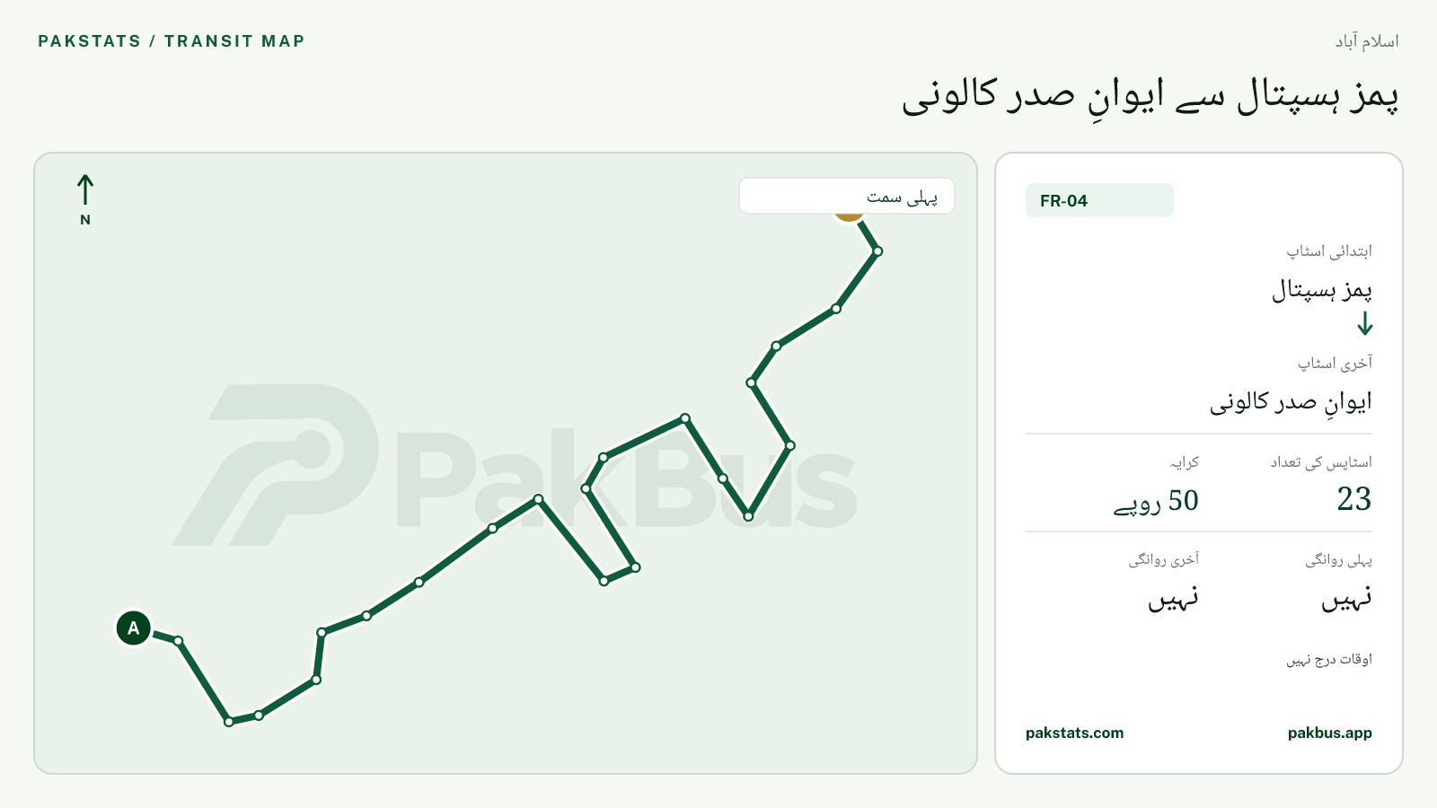 اسلام آباد فیڈر بس FR-04 کا نقشہ: پمز ہسپتال سے ایوانِ صدر کالونی تک