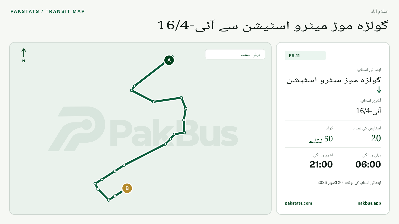 اسلام آباد فیڈر بس FR-11 کا نقشہ: گولڑہ موڑ میٹرو اسٹیشن سے آئی-16/4 تک