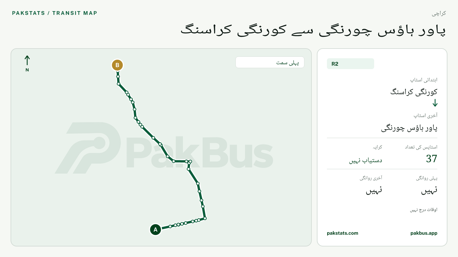 کراچی پیپلز بس سروس R2 کا نقشہ: کورنگی کراسنگ سے پاور ہاؤس چورنگی تک